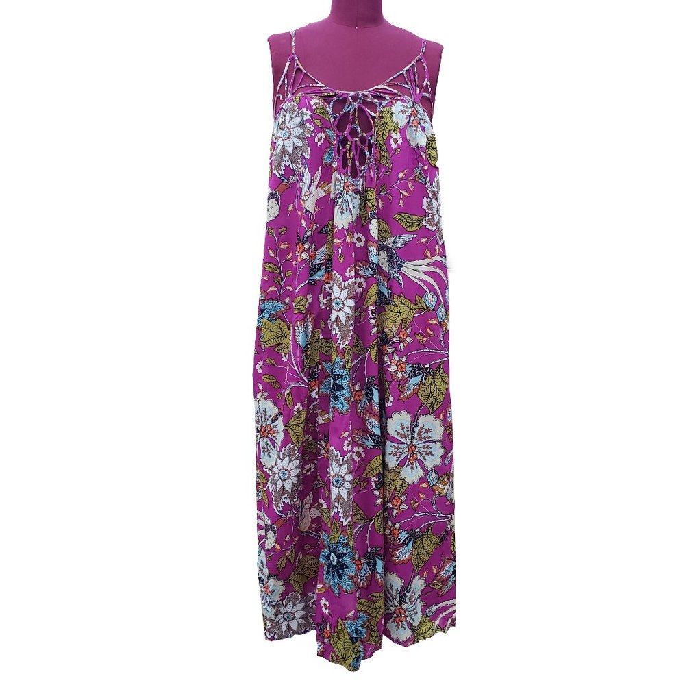 Anthropologie Drama Beach Midi Dress Small Petite Fuschia Floral and Bird Print